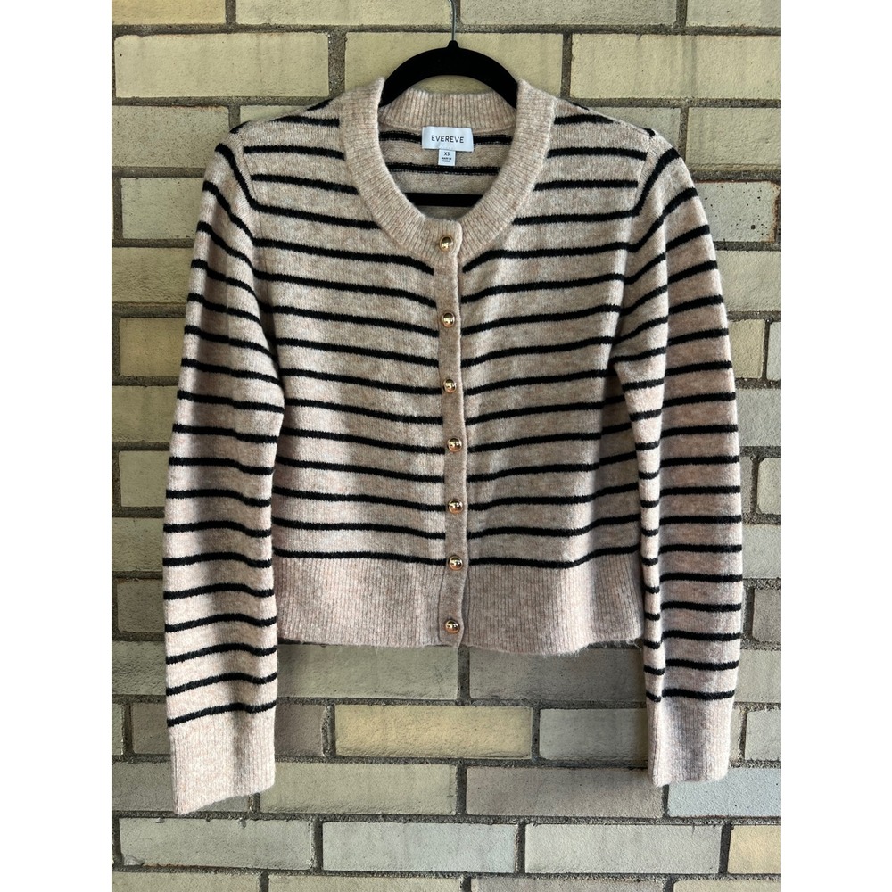 Evereve Striped Cardigan Sweater Tan Black Gold Buttons Size XS Soft